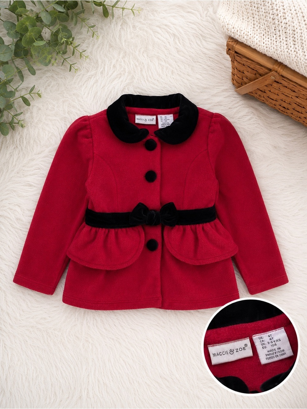 Maggie & Zoe Red & Black Peacoat 4T Girls' Red with Black Velvet Trim Formal